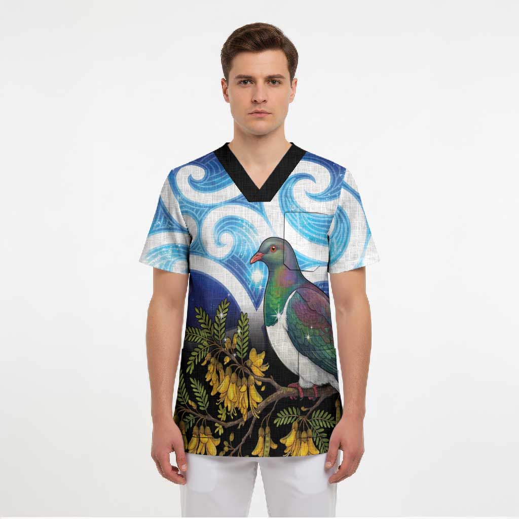 Kekeru New Zealand Matariki Scrub Top Kukupa Kowhai Maori New Year Blue Version LT14 - Polynesian Pride