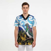 Kekeru New Zealand Matariki Scrub Top Kukupa Kowhai Maori New Year Blue Version LT14 - Polynesian Pride