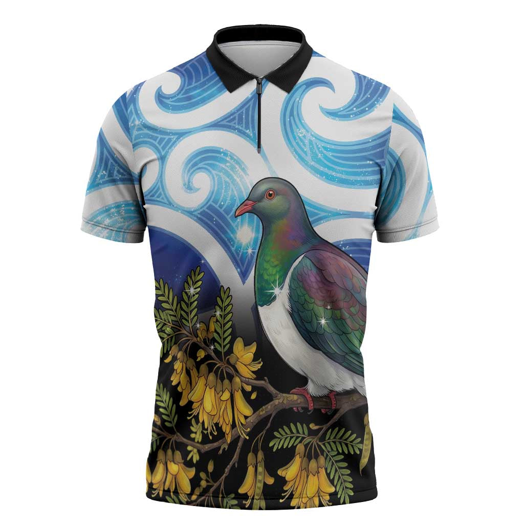 Kekeru New Zealand Matariki Zipper Polo Shirt Kukupa Kowhai Maori New Year Blue Version LT14 Blue - Polynesian Pride