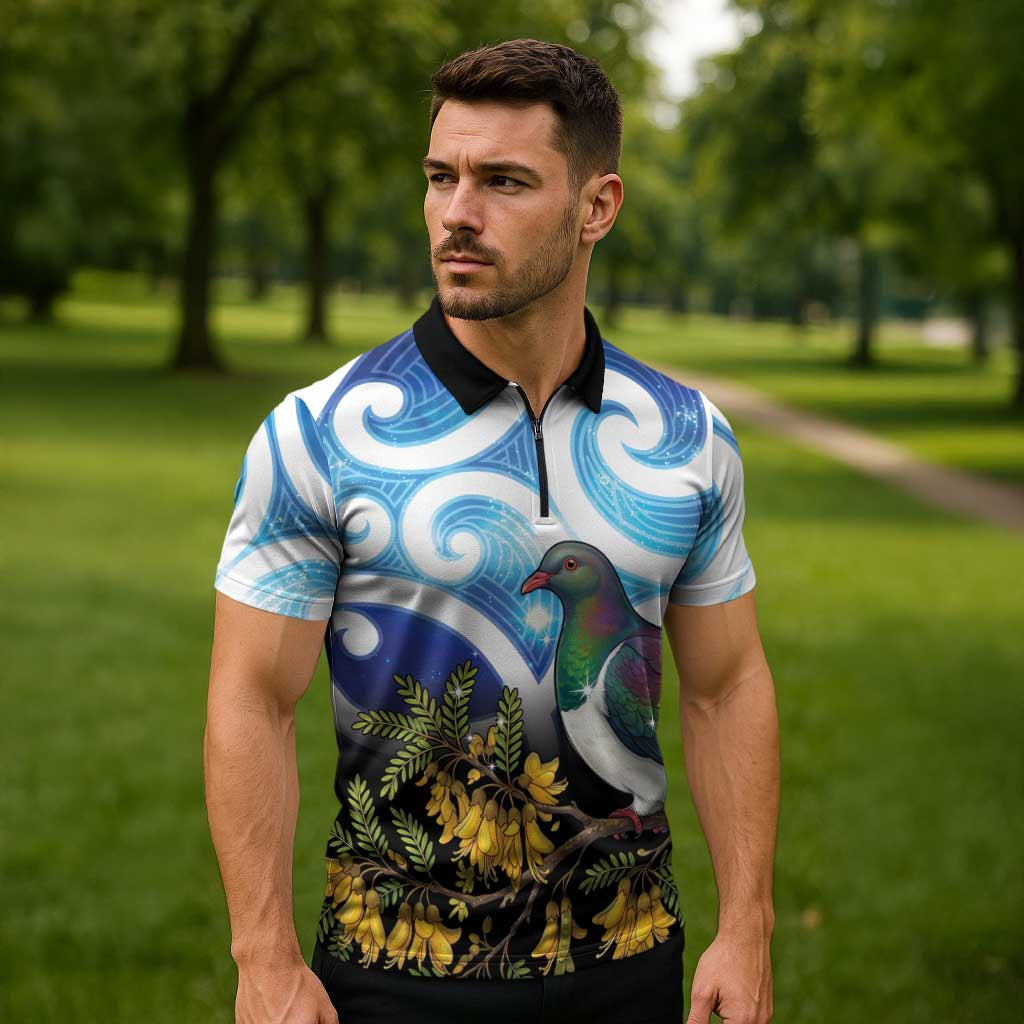 Kekeru New Zealand Matariki Zipper Polo Shirt Kukupa Kowhai Maori New Year Blue Version LT14 - Polynesian Pride