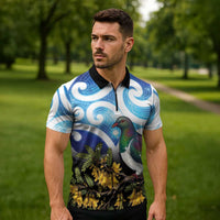 Kekeru New Zealand Matariki Zipper Polo Shirt Kukupa Kowhai Maori New Year Blue Version LT14 - Polynesian Pride