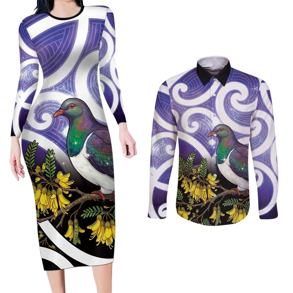 Kekeru New Zealand Matariki Couples Matching Long Sleeve Bodycon Dress and Long Sleeve Button Shirt Kukupa Kowhai Maori New Year Purple Version