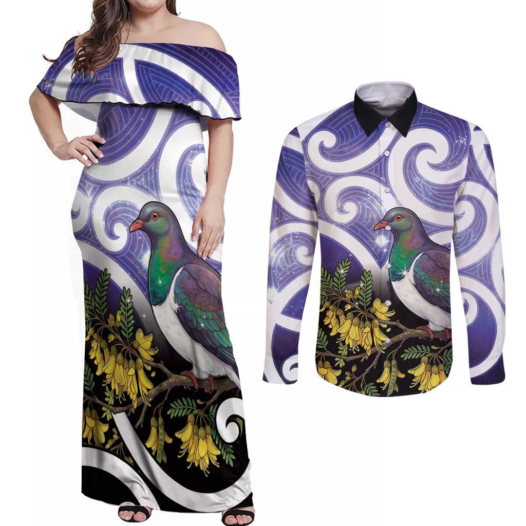 Kekeru New Zealand Matariki Couples Matching Off Shoulder Maxi Dress and Long Sleeve Button Shirt Kukupa Kowhai Maori New Year Purple Version