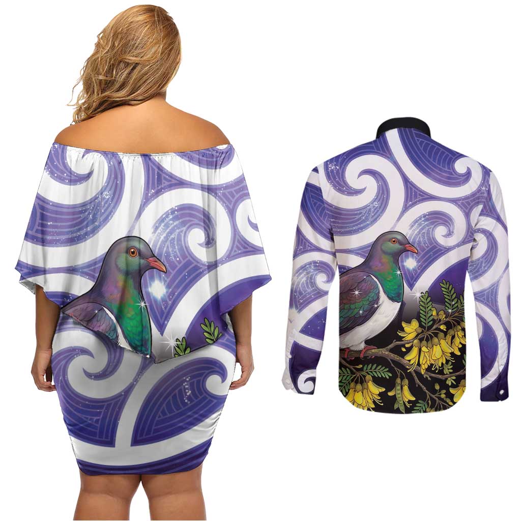 Kekeru New Zealand Matariki Couples Matching Off Shoulder Short Dress and Long Sleeve Button Shirt Kukupa Kowhai Maori New Year Purple Version LT14 - Polynesian Pride
