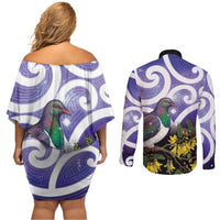 Kekeru New Zealand Matariki Couples Matching Off Shoulder Short Dress and Long Sleeve Button Shirt Kukupa Kowhai Maori New Year Purple Version LT14 - Polynesian Pride