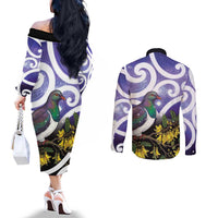 Kekeru New Zealand Matariki Couples Matching Off The Shoulder Long Sleeve Dress and Long Sleeve Button Shirt Kukupa Kowhai Maori New Year Purple Version LT14 - Polynesian Pride
