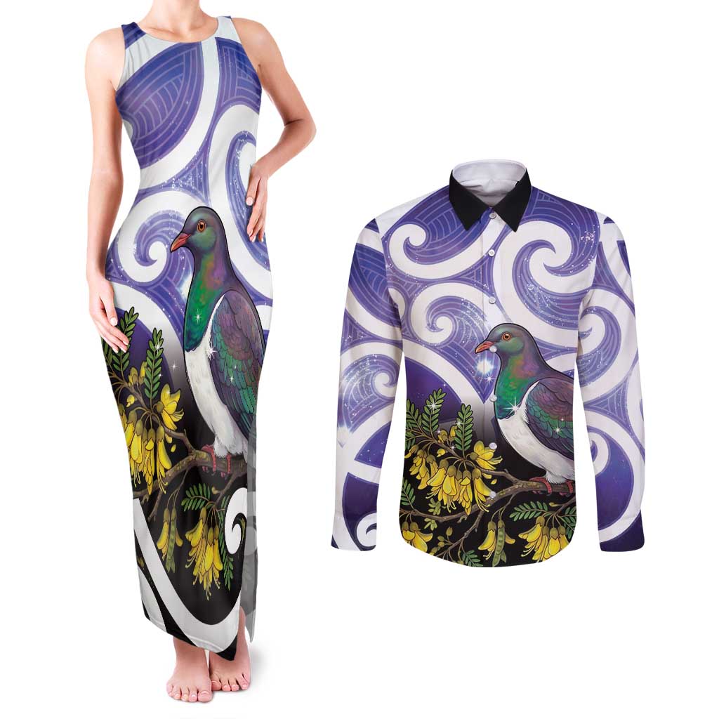 Kekeru New Zealand Matariki Couples Matching Tank Maxi Dress and Long Sleeve Button Shirt Kukupa Kowhai Maori New Year Purple Version