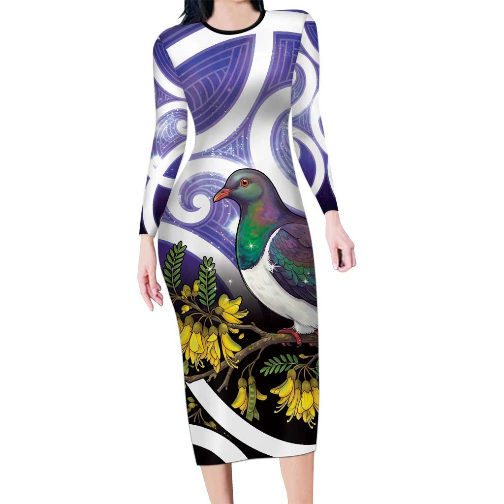 Kekeru New Zealand Matariki Family Matching Long Sleeve Bodycon Dress and Hawaiian Shirt Kukupa Kowhai Maori New Year Purple Version LT14 Mom's Dress Purple - Polynesian Pride