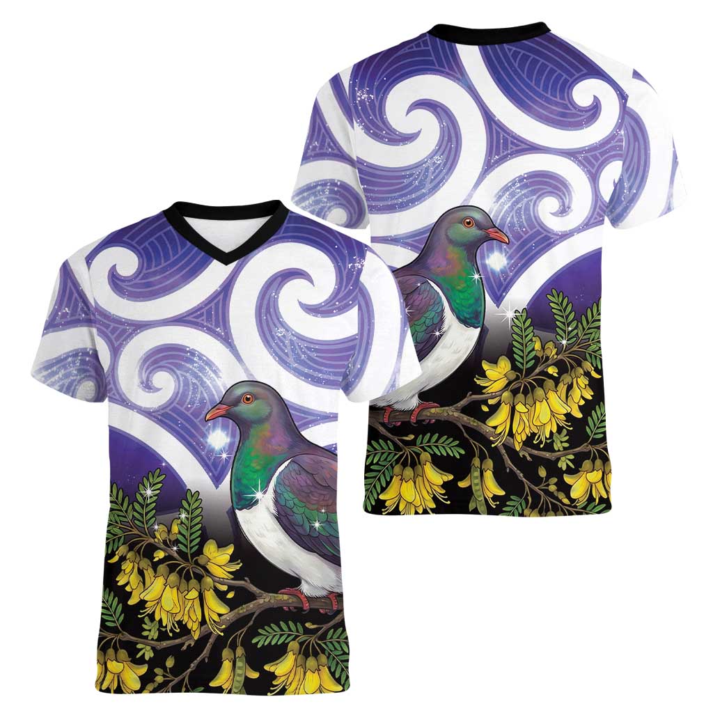 Kekeru New Zealand Matariki Women V-Neck T-Shirt Kukupa Kowhai Maori New Year Purple Version LT14 - Polynesian Pride