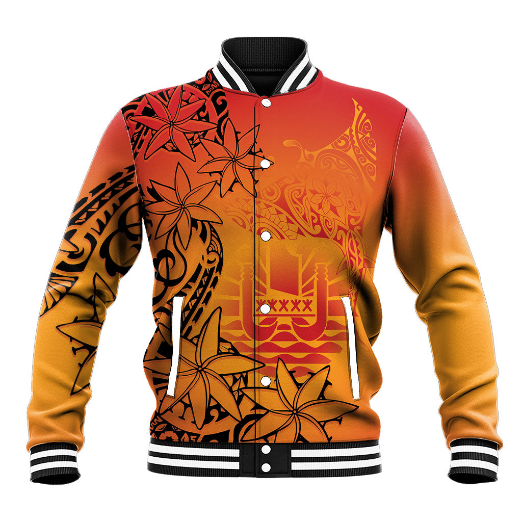 French Polynesia Manta Ray Tattoo Baseball Jacket Tahiti Hahalua Tiare Maori Gradient Style