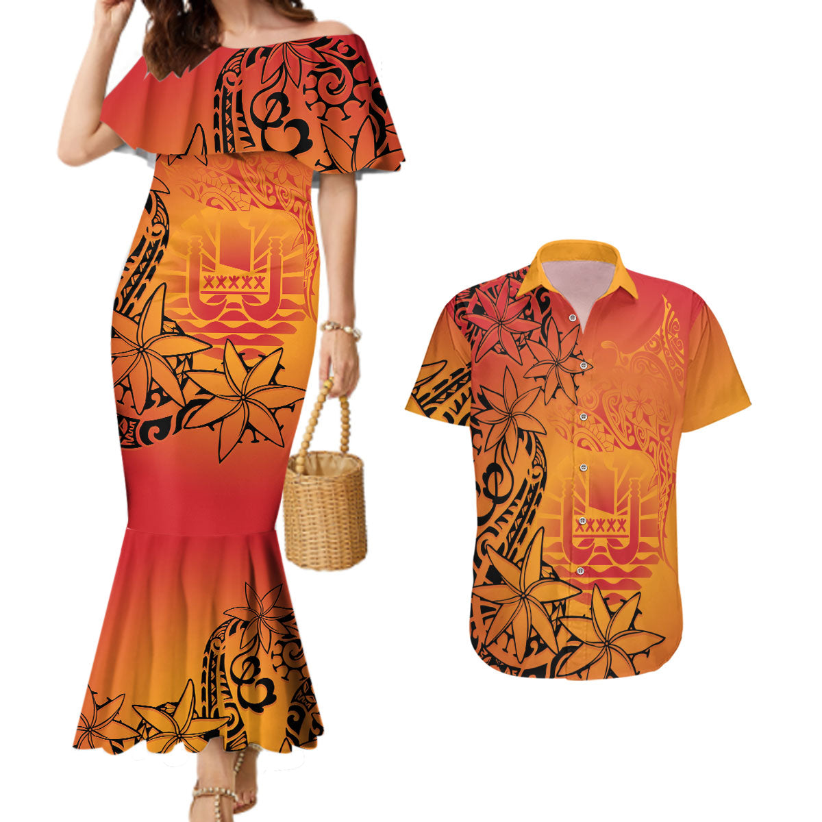 French Polynesia Manta Ray Tattoo Couples Matching Mermaid Dress and Hawaiian Shirt Tahiti Hahalua Tiare Maori Gradient Style