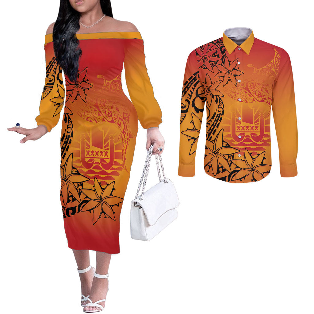 French Polynesia Manta Ray Tattoo Couples Matching Off The Shoulder Long Sleeve Dress and Long Sleeve Button Shirt Tahiti Hahalua Tiare Maori Gradient Style