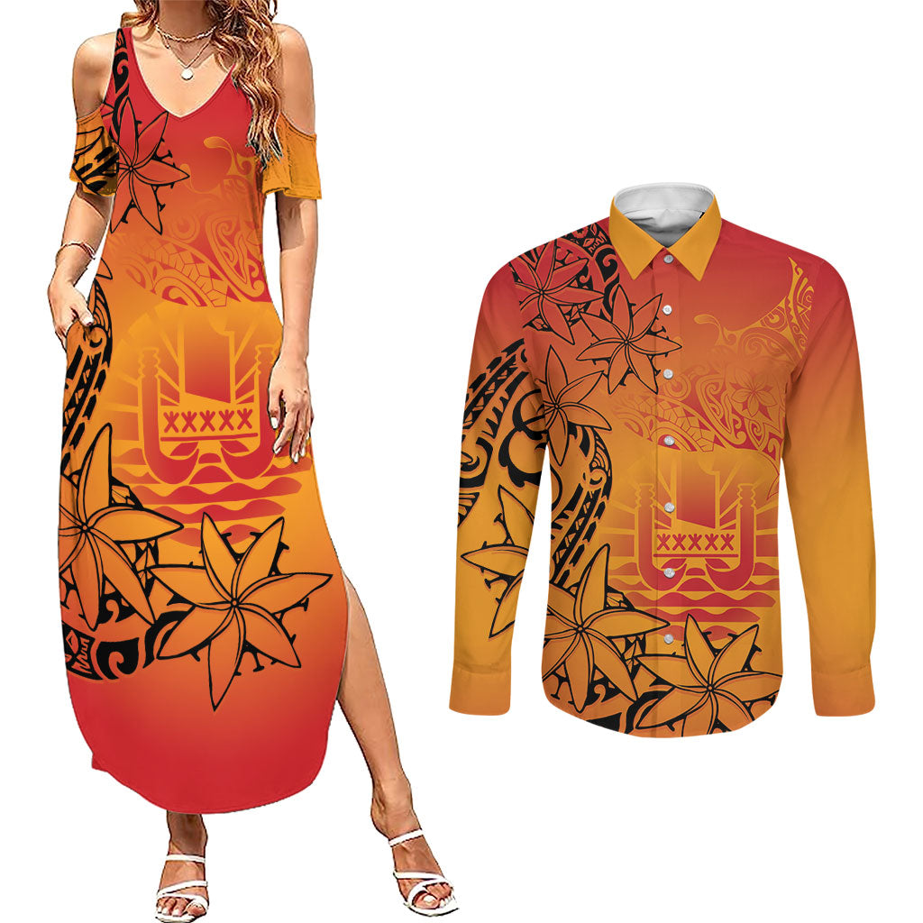 French Polynesia Manta Ray Tattoo Couples Matching Summer Maxi Dress and Long Sleeve Button Shirt Tahiti Hahalua Tiare Maori Gradient Style