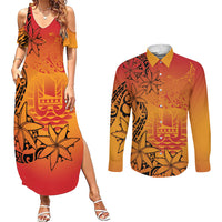 French Polynesia Manta Ray Tattoo Couples Matching Summer Maxi Dress and Long Sleeve Button Shirt Tahiti Hahalua Tiare Maori Gradient Style