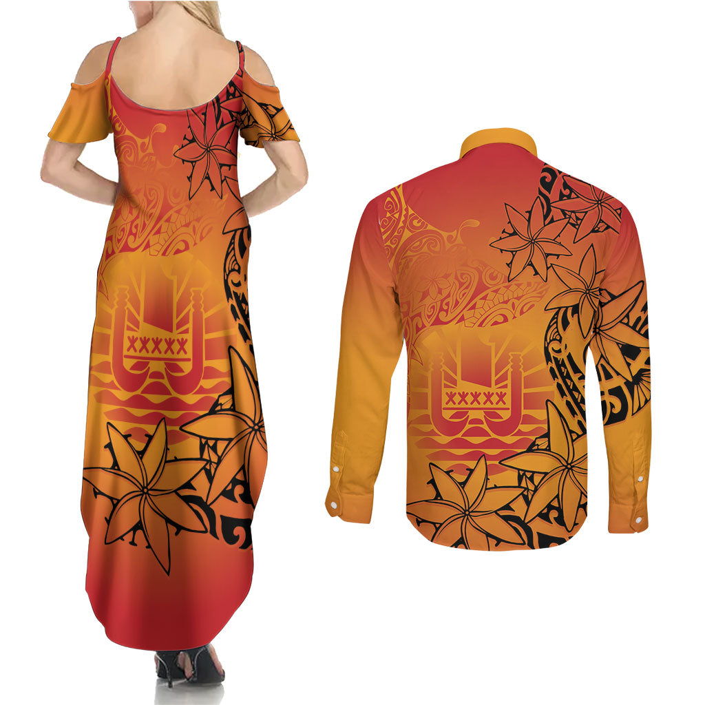 French Polynesia Manta Ray Tattoo Couples Matching Summer Maxi Dress and Long Sleeve Button Shirt Tahiti Hahalua Tiare Maori Gradient Style