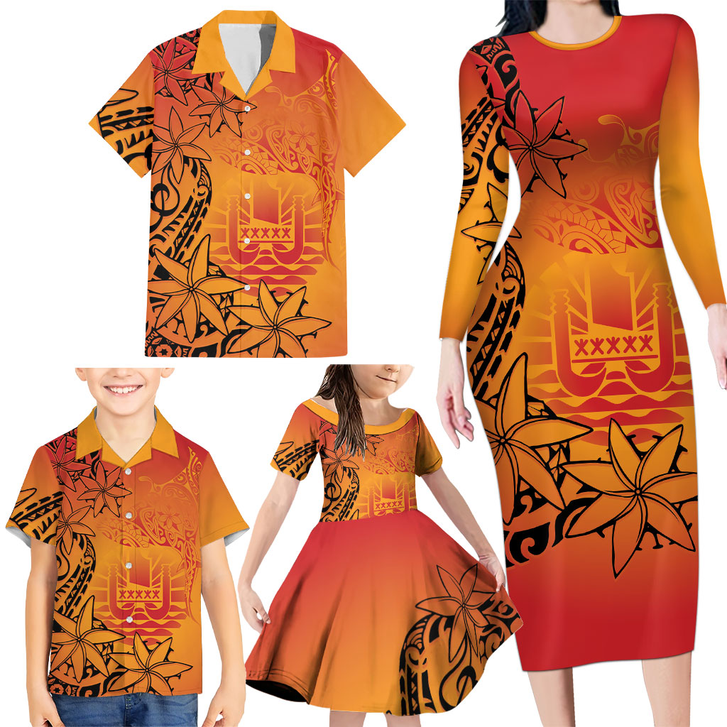 French Polynesia Manta Ray Tattoo Family Matching Long Sleeve Bodycon Dress and Hawaiian Shirt Tahiti Hahalua Tiare Maori Gradient Style