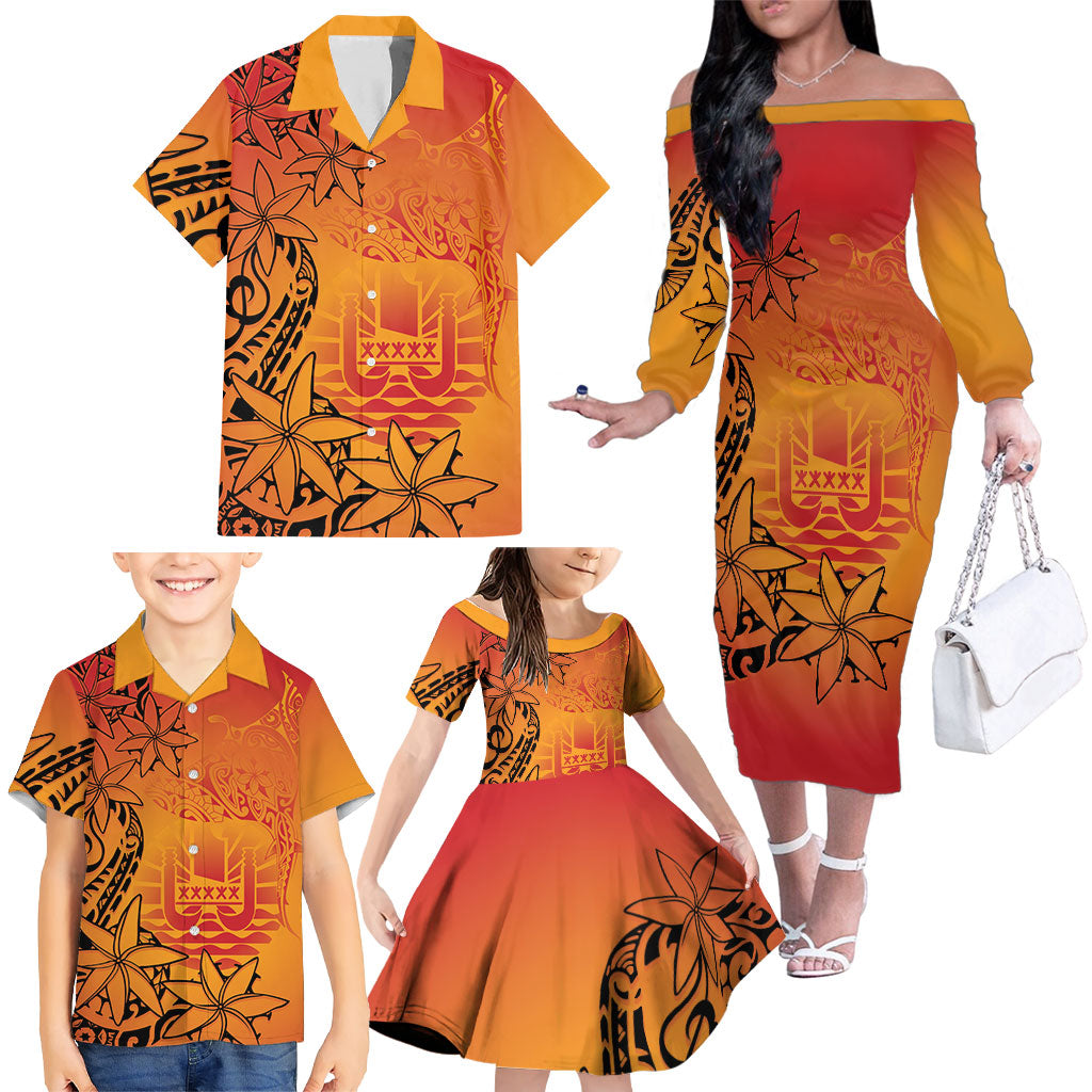 French Polynesia Manta Ray Tattoo Family Matching Off The Shoulder Long Sleeve Dress and Hawaiian Shirt Tahiti Hahalua Tiare Maori Gradient Style