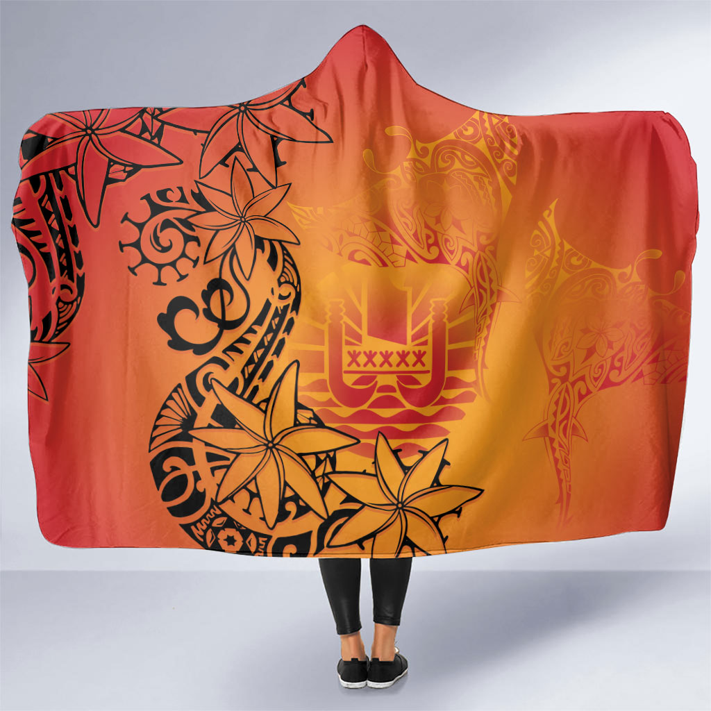 French Polynesia Manta Ray Tattoo Hooded Blanket Tahiti Hahalua Tiare Maori Gradient Style