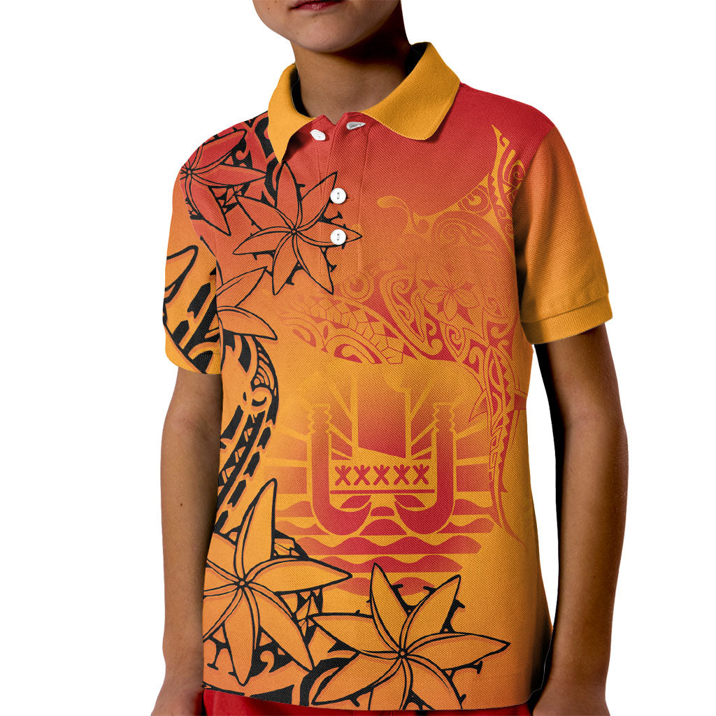 French Polynesia Manta Ray Tattoo Kid Polo Shirt Tahiti Hahalua Tiare Maori Gradient Style
