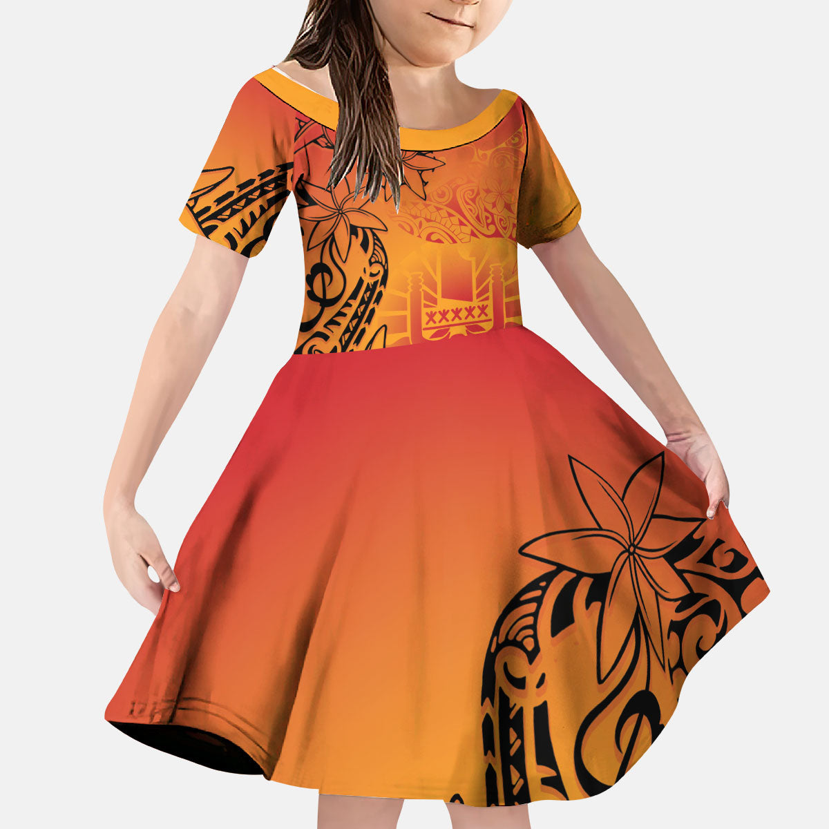 French Polynesia Manta Ray Tattoo Kid Short Sleeve Dress Tahiti Hahalua Tiare Maori Gradient Style