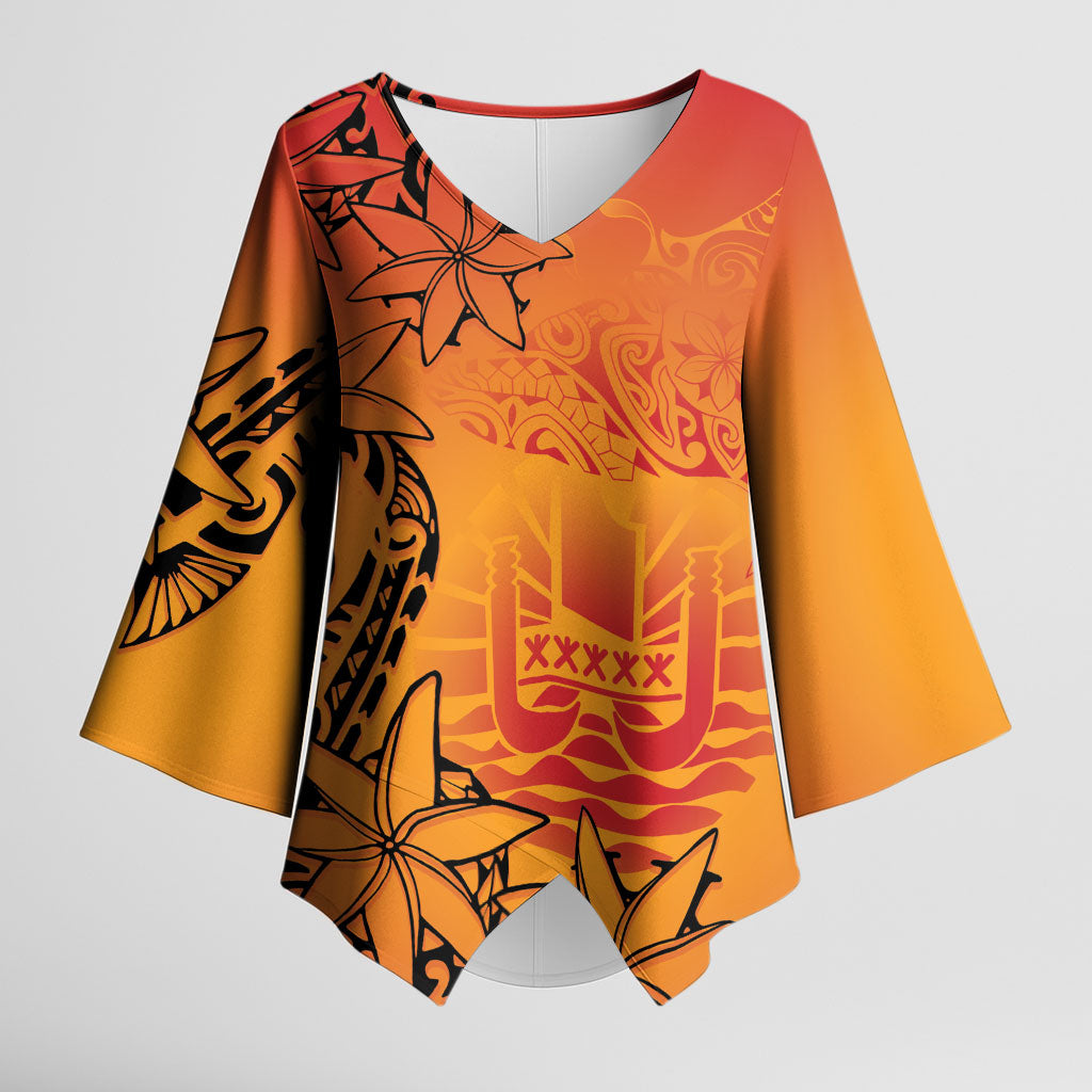 French Polynesia Manta Ray Tattoo Kimono Sleeve Blouse Tahiti Hahalua Tiare Maori Gradient Style LT14 Female Orange - Polynesian Pride
