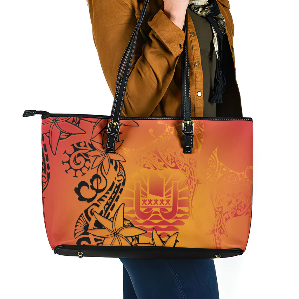 French Polynesia Manta Ray Tattoo Leather Tote Bag Tahiti Hahalua Tiare Maori Gradient Style LT14 - Polynesian Pride