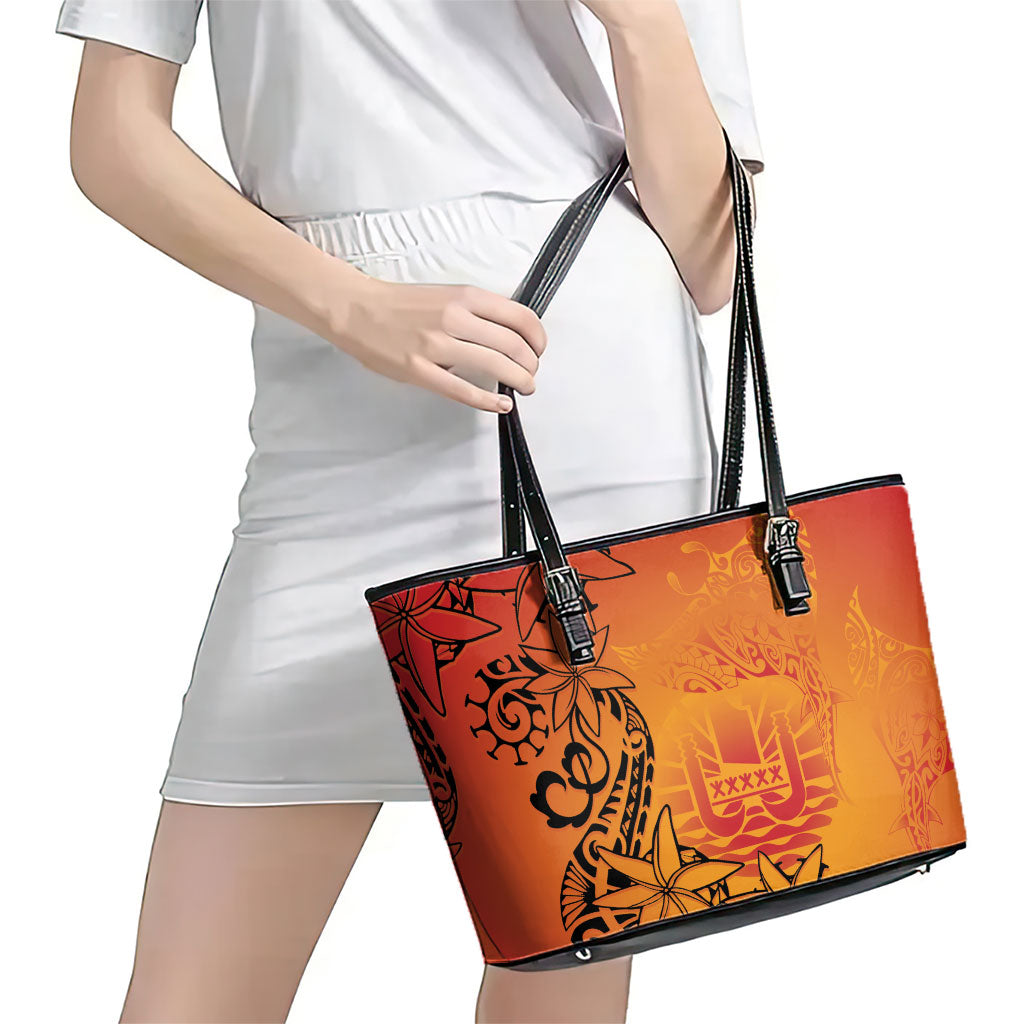 French Polynesia Manta Ray Tattoo Leather Tote Bag Tahiti Hahalua Tiare Maori Gradient Style LT14 - Polynesian Pride