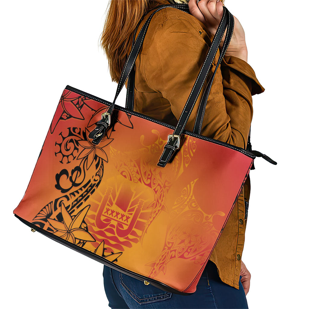 French Polynesia Manta Ray Tattoo Leather Tote Bag Tahiti Hahalua Tiare Maori Gradient Style LT14 - Polynesian Pride