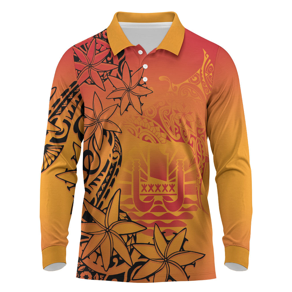 French Polynesia Manta Ray Tattoo Long Sleeve Polo Shirt Tahiti Hahalua Tiare Maori Gradient Style