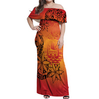 French Polynesia Manta Ray Tattoo Off Shoulder Maxi Dress Tahiti Hahalua Tiare Maori Gradient Style