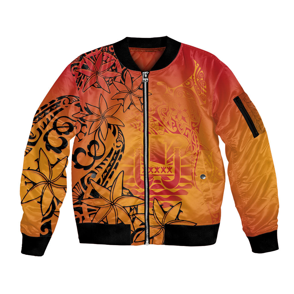 French Polynesia Manta Ray Tattoo Sleeve Zip Bomber Jacket Tahiti Hahalua Tiare Maori Gradient Style
