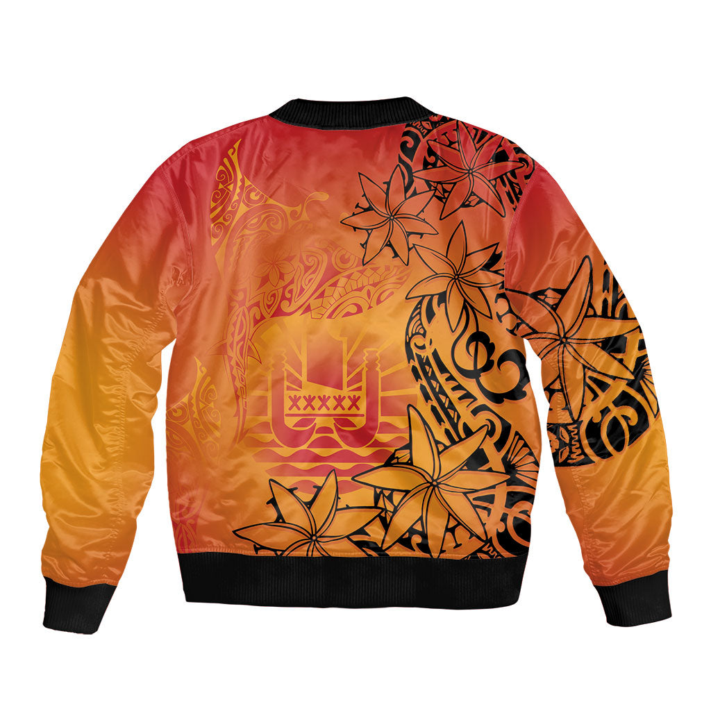 French Polynesia Manta Ray Tattoo Sleeve Zip Bomber Jacket Tahiti Hahalua Tiare Maori Gradient Style