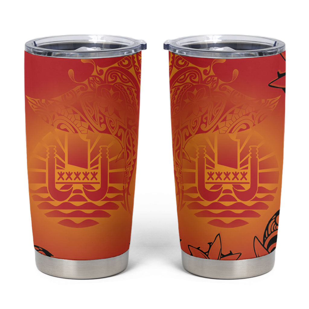 French Polynesia Manta Ray Tattoo Tumbler Cup Tahiti Hahalua Tiare Maori Gradient Style