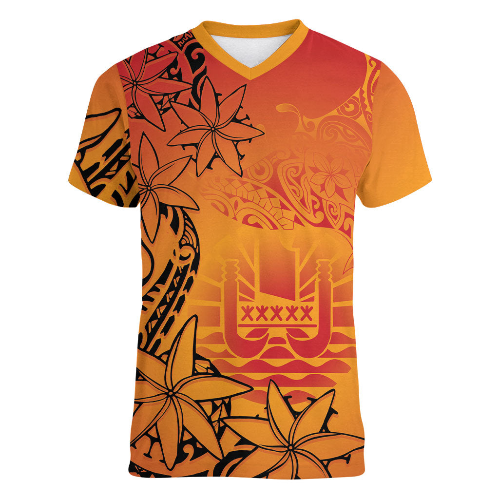 French Polynesia Manta Ray Tattoo Women V-Neck T-Shirt Tahiti Hahalua Tiare Maori Gradient Style