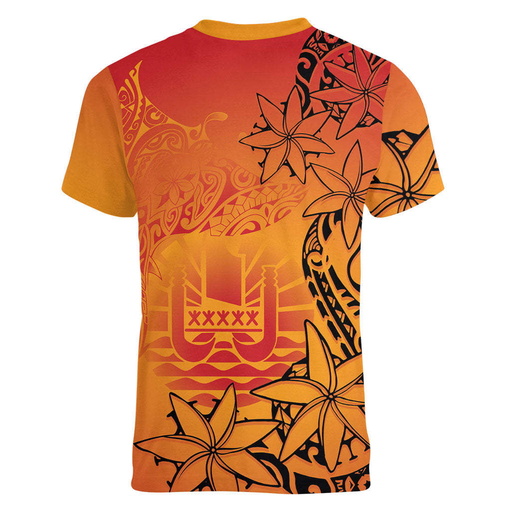 French Polynesia Manta Ray Tattoo Women V-Neck T-Shirt Tahiti Hahalua Tiare Maori Gradient Style