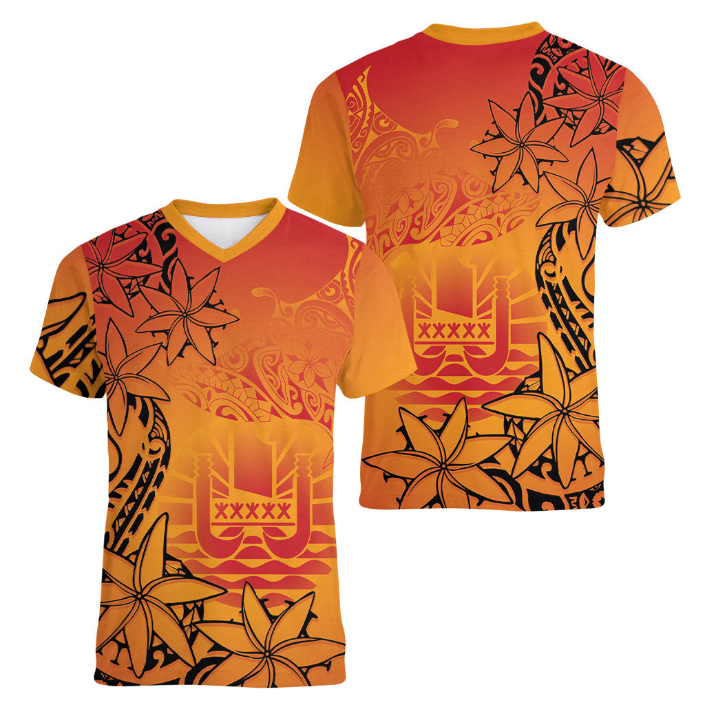 French Polynesia Manta Ray Tattoo Women V-Neck T-Shirt Tahiti Hahalua Tiare Maori Gradient Style