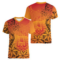 French Polynesia Manta Ray Tattoo Women V-Neck T-Shirt Tahiti Hahalua Tiare Maori Gradient Style