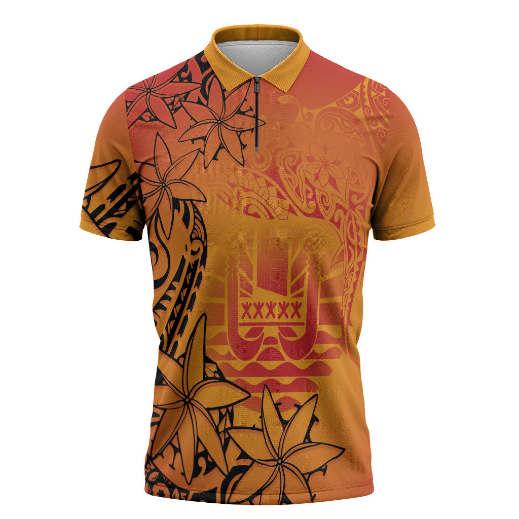 French Polynesia Manta Ray Tattoo Zipper Polo Shirt Tahiti Hahalua Tiare Maori Gradient Style