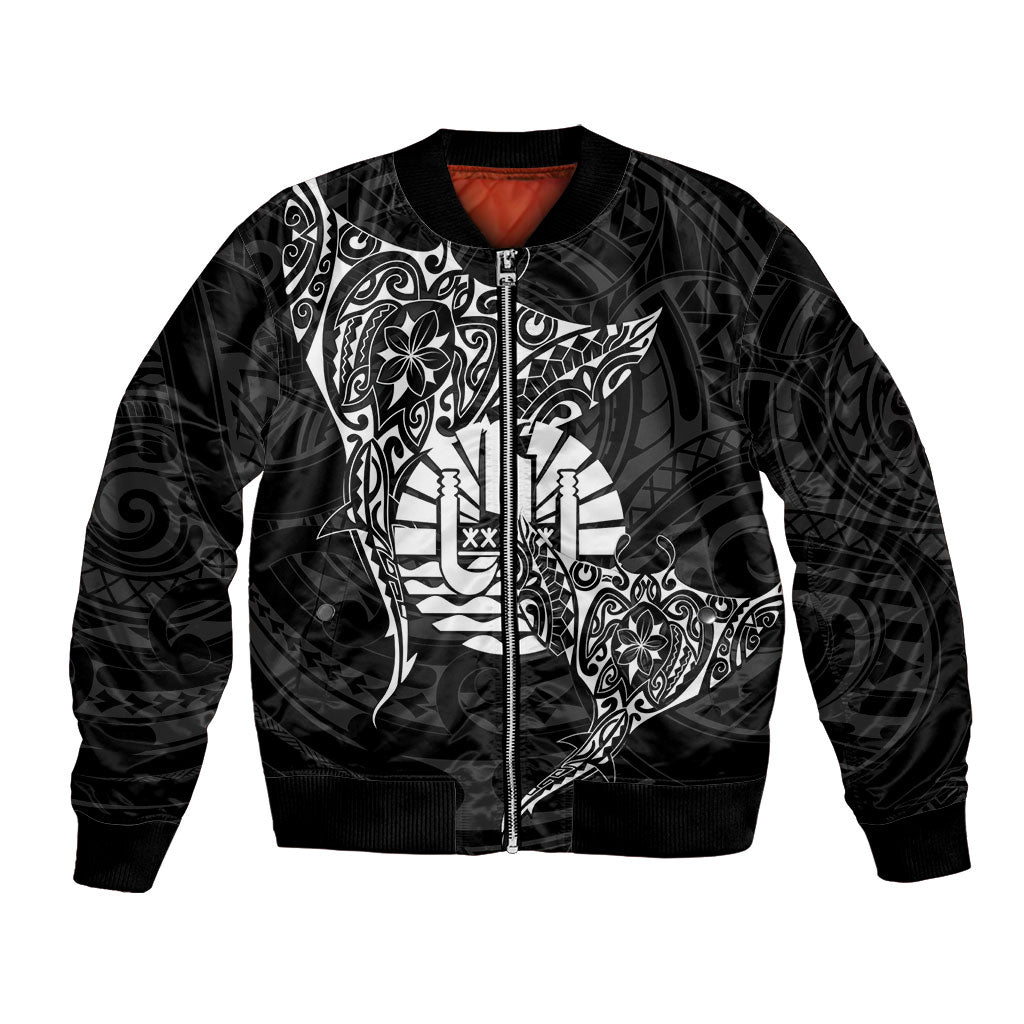 French Polynesia Manta Ray Tattoo Bomber Jacket Tahiti Hahalua Turtle Shark Black Color