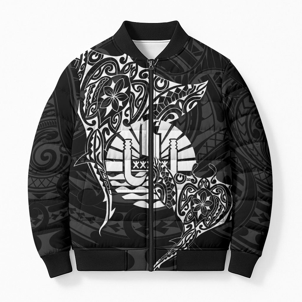 French Polynesia Manta Ray Tattoo Bomber Puffer Jacket Tahiti Hahalua Turtle Shark Black Color