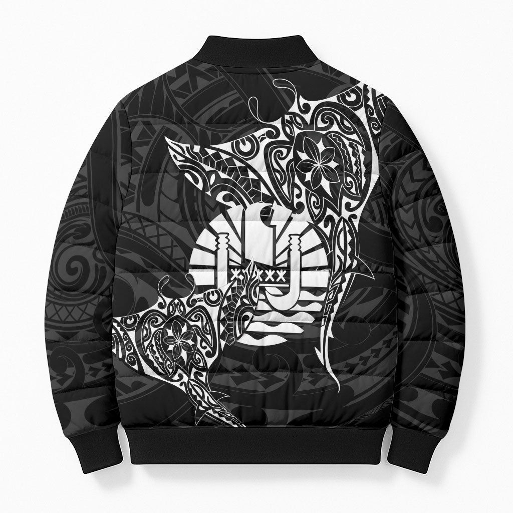 French Polynesia Manta Ray Tattoo Bomber Puffer Jacket Tahiti Hahalua Turtle Shark Black Color