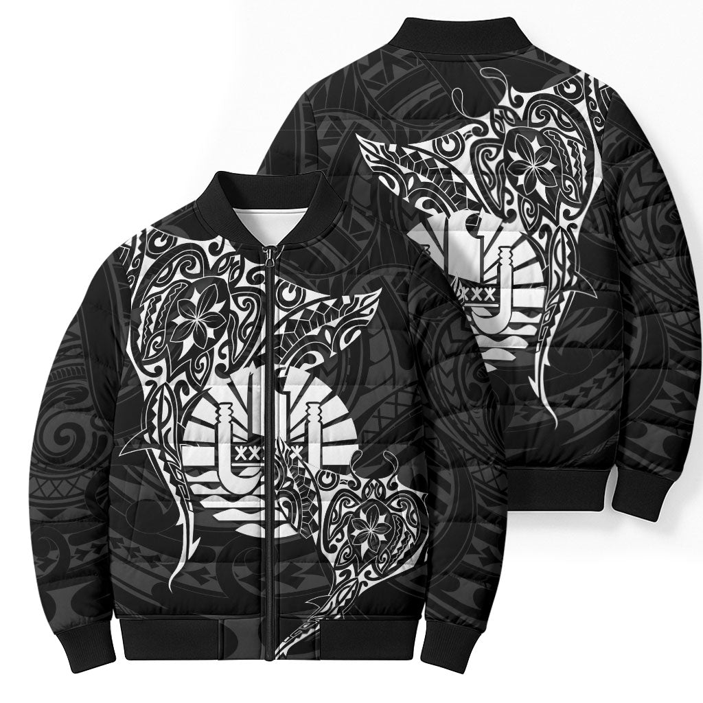 French Polynesia Manta Ray Tattoo Bomber Puffer Jacket Tahiti Hahalua Turtle Shark Black Color