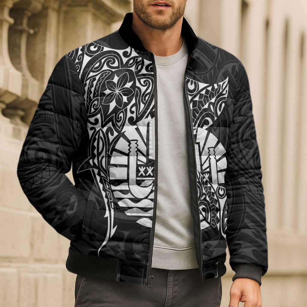 French Polynesia Manta Ray Tattoo Bomber Puffer Jacket Tahiti Hahalua Turtle Shark Black Color