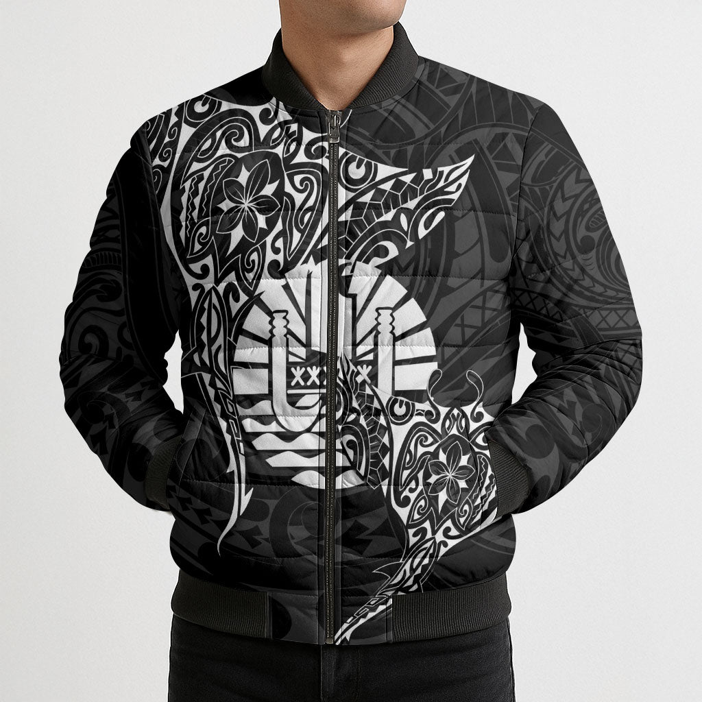 French Polynesia Manta Ray Tattoo Bomber Puffer Jacket Tahiti Hahalua Turtle Shark Black Color