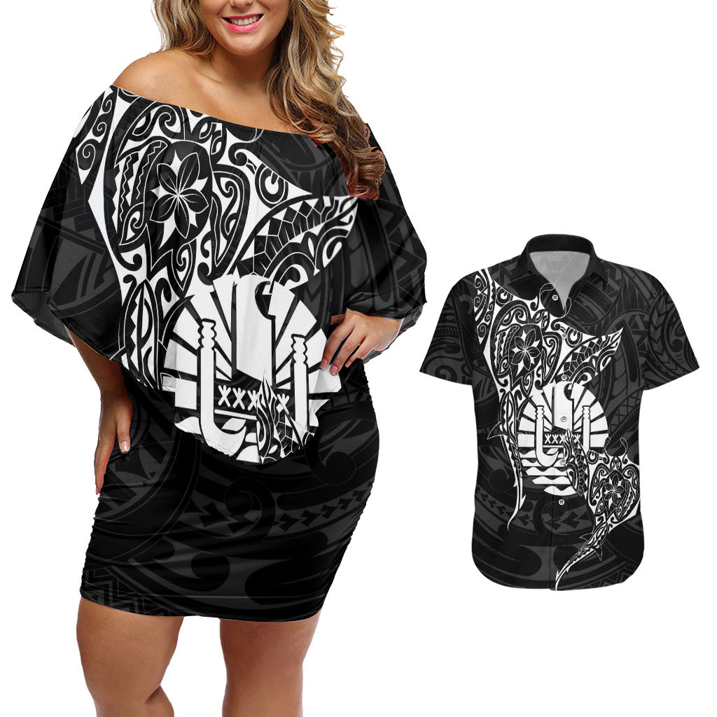 French Polynesia Manta Ray Tattoo Couples Matching Off Shoulder Short Dress and Hawaiian Shirt Tahiti Hahalua Turtle Shark Black Color