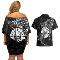 French Polynesia Manta Ray Tattoo Couples Matching Off Shoulder Short Dress and Hawaiian Shirt Tahiti Hahalua Turtle Shark Black Color