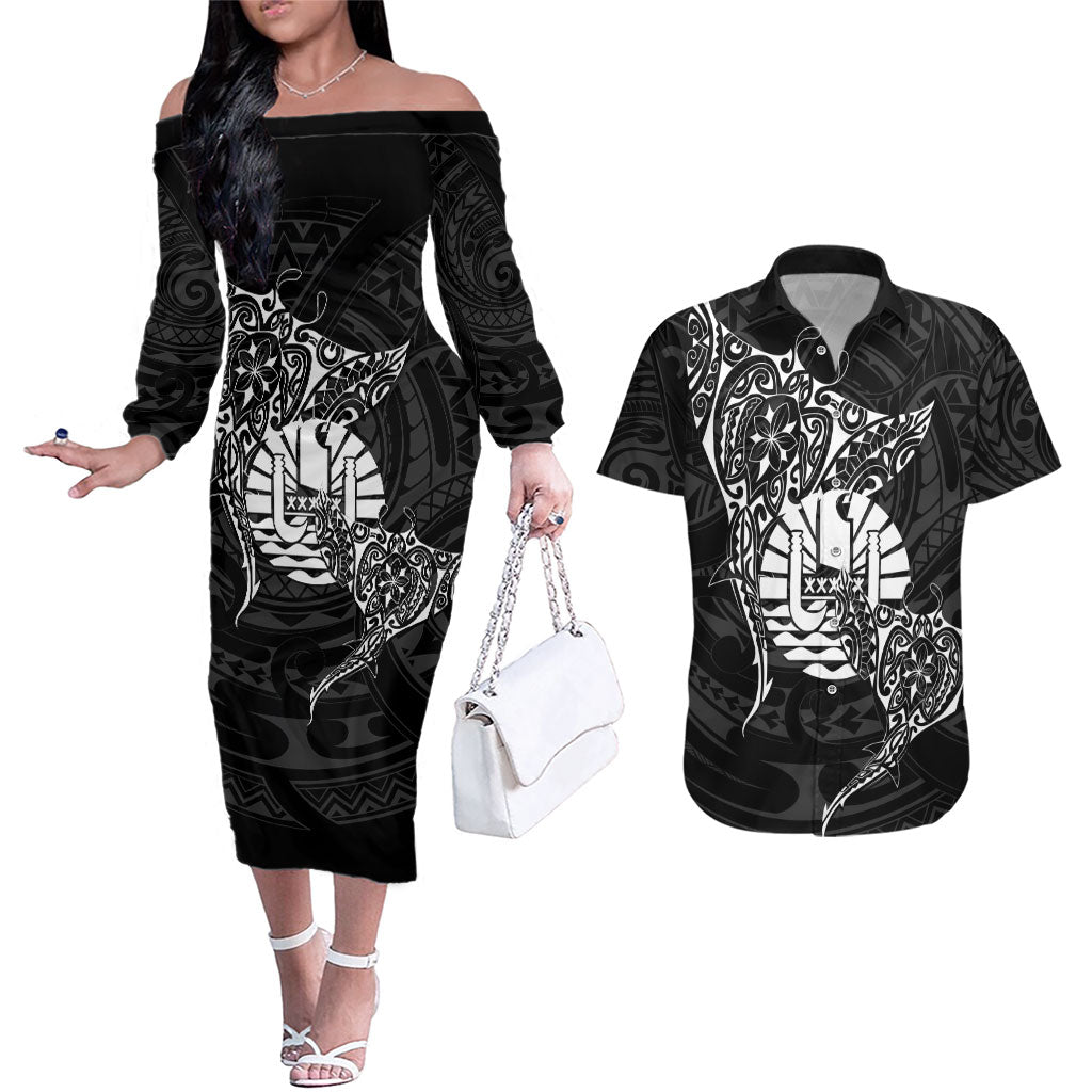 French Polynesia Manta Ray Tattoo Couples Matching Off The Shoulder Long Sleeve Dress and Hawaiian Shirt Tahiti Hahalua Turtle Shark Black Color