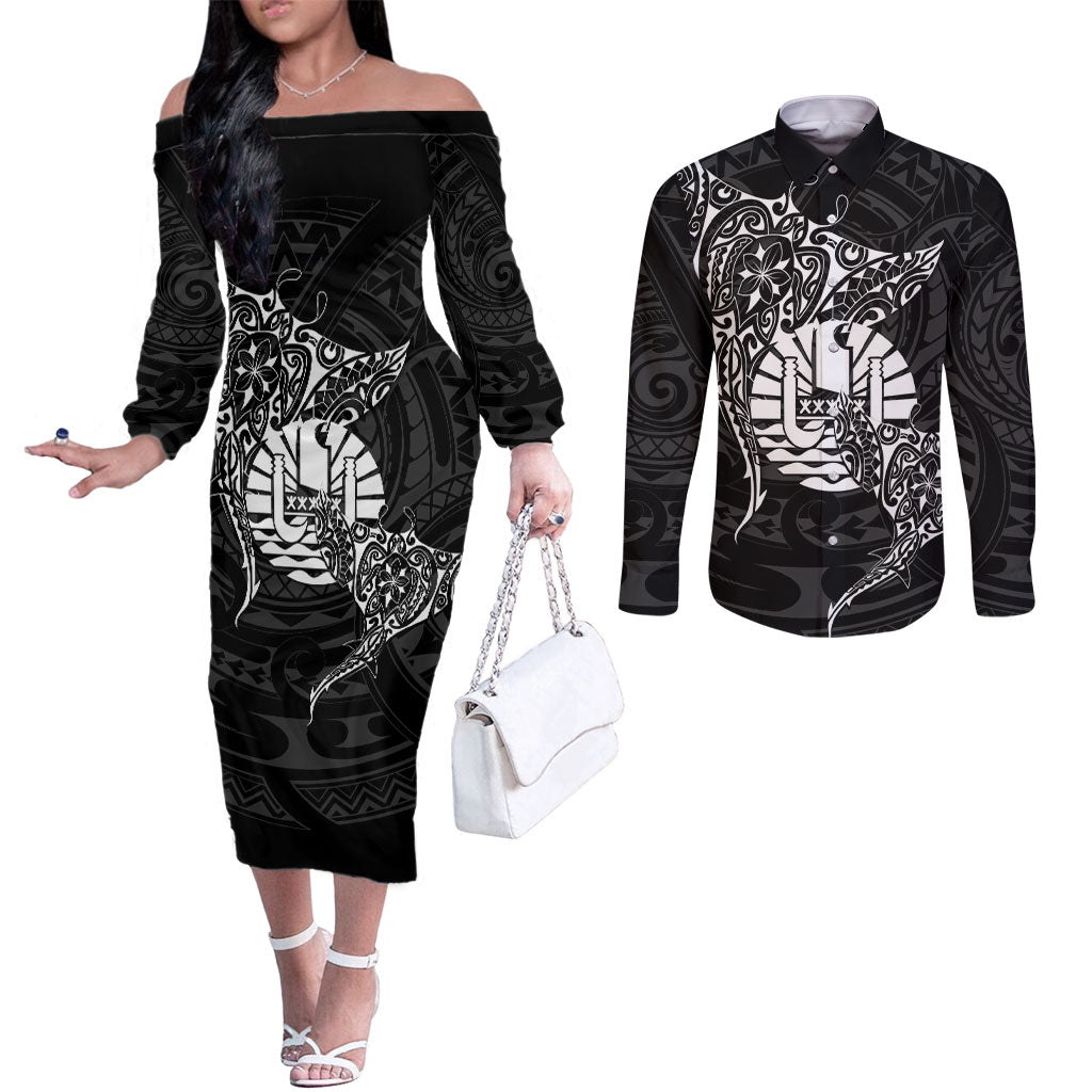 French Polynesia Manta Ray Tattoo Couples Matching Off The Shoulder Long Sleeve Dress and Long Sleeve Button Shirt Tahiti Hahalua Turtle Shark Black Color