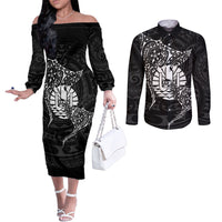French Polynesia Manta Ray Tattoo Couples Matching Off The Shoulder Long Sleeve Dress and Long Sleeve Button Shirt Tahiti Hahalua Turtle Shark Black Color