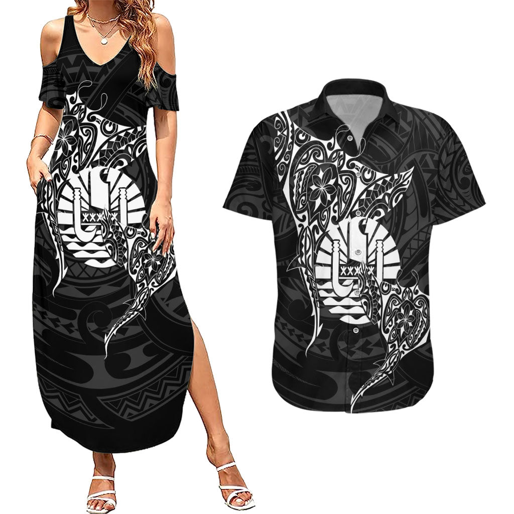 French Polynesia Manta Ray Tattoo Couples Matching Summer Maxi Dress and Hawaiian Shirt Tahiti Hahalua Turtle Shark Black Color